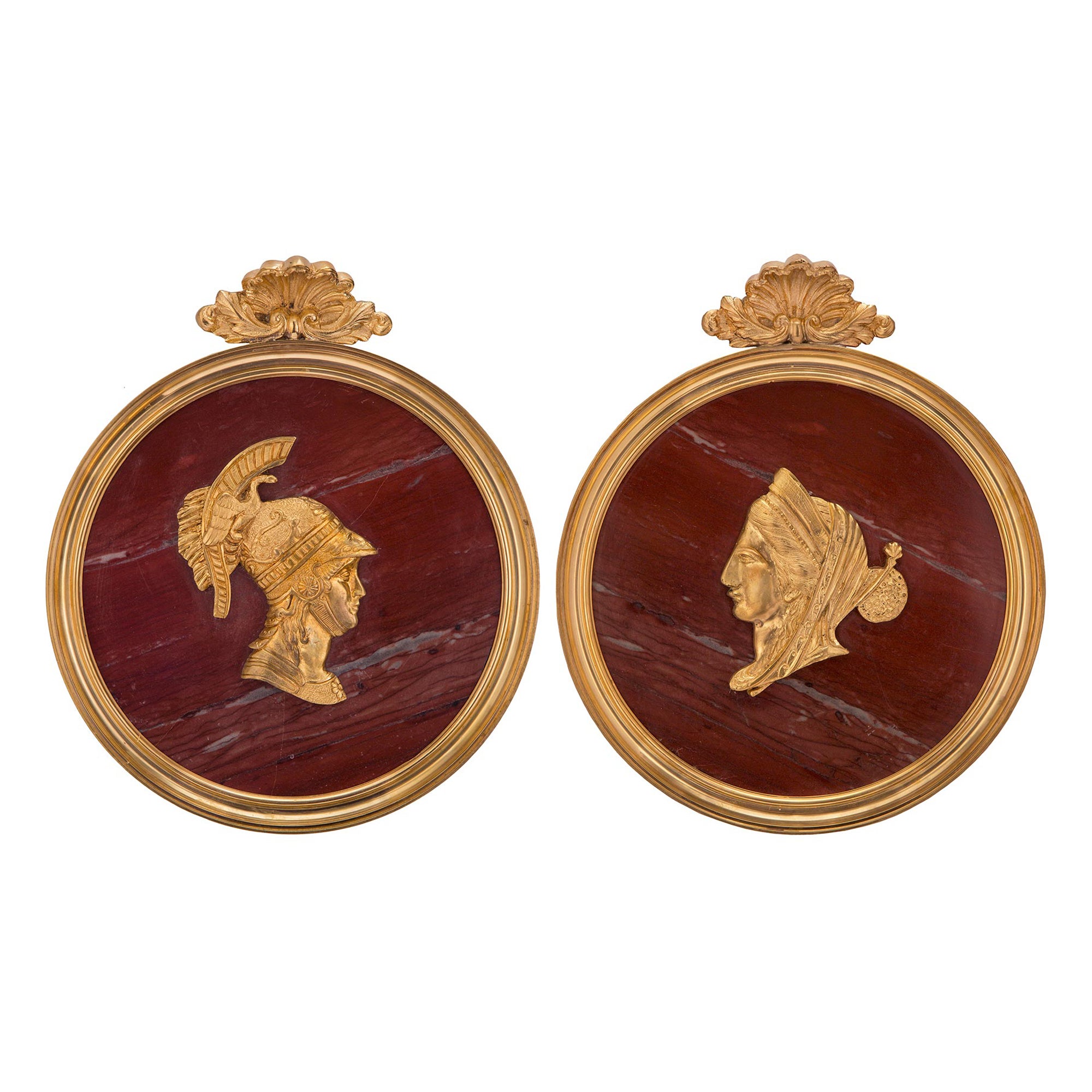 True Pair Of Italian 19th Century Neoclassical St. Marble & Ormolu Wall Plaques For Sale