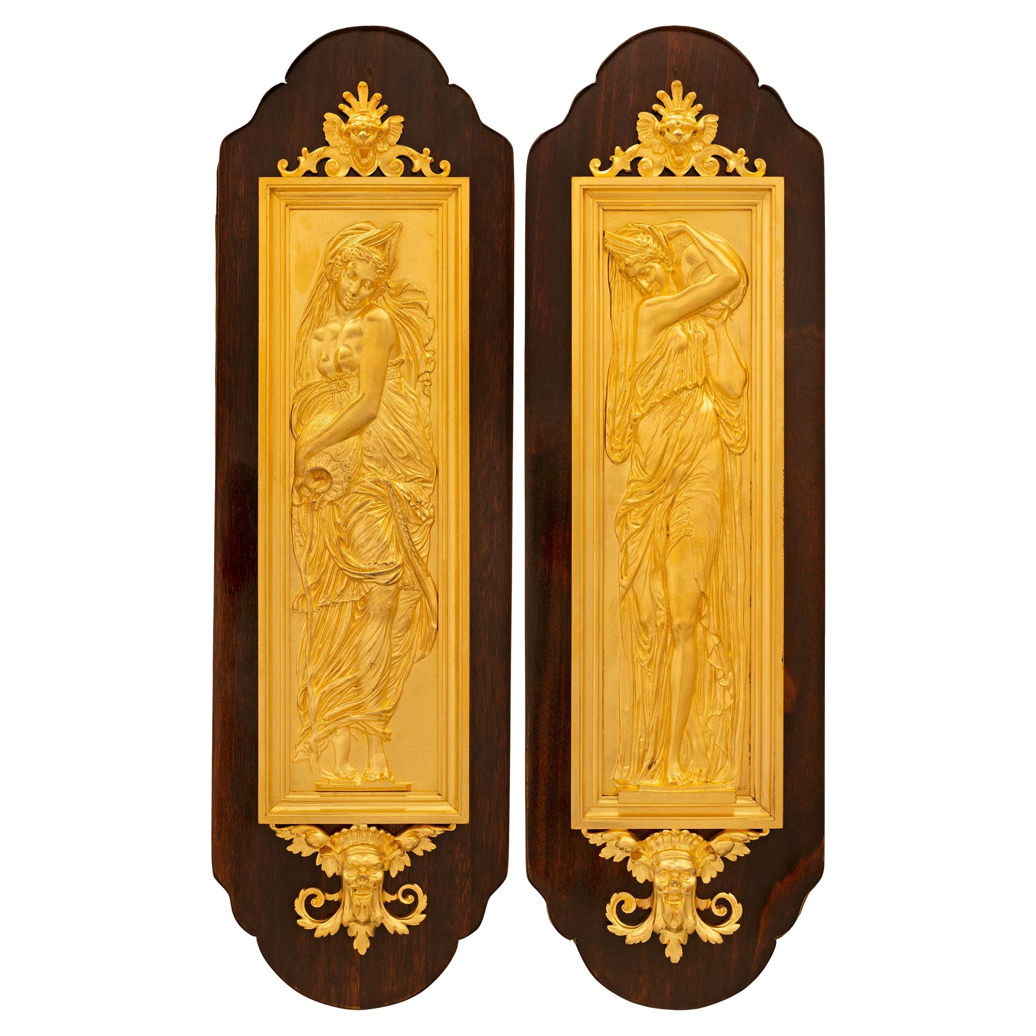 Pair of French 19th Century Belle Époque Period Mahogany & Ormolu Wall Plaques For Sale