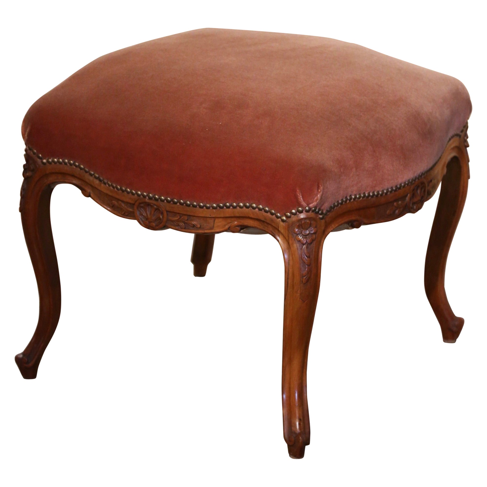 Early 20th Century French Louis XV Carved Walnut & Velvet Stool from Provence