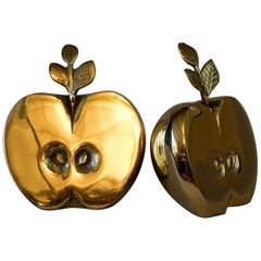 1950-1960s Hollywood Regency Dutch Apko Brass Apple Two Bookends or Paperweights