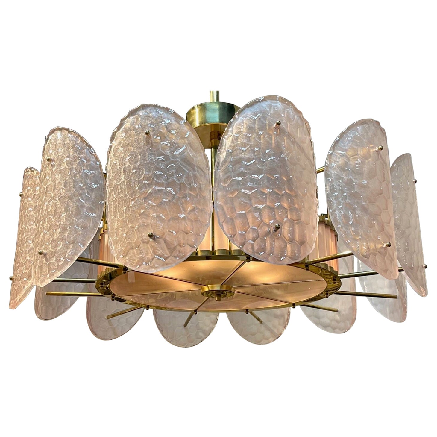 Modern Pink Murano Glass and Brass Chandelier For Sale