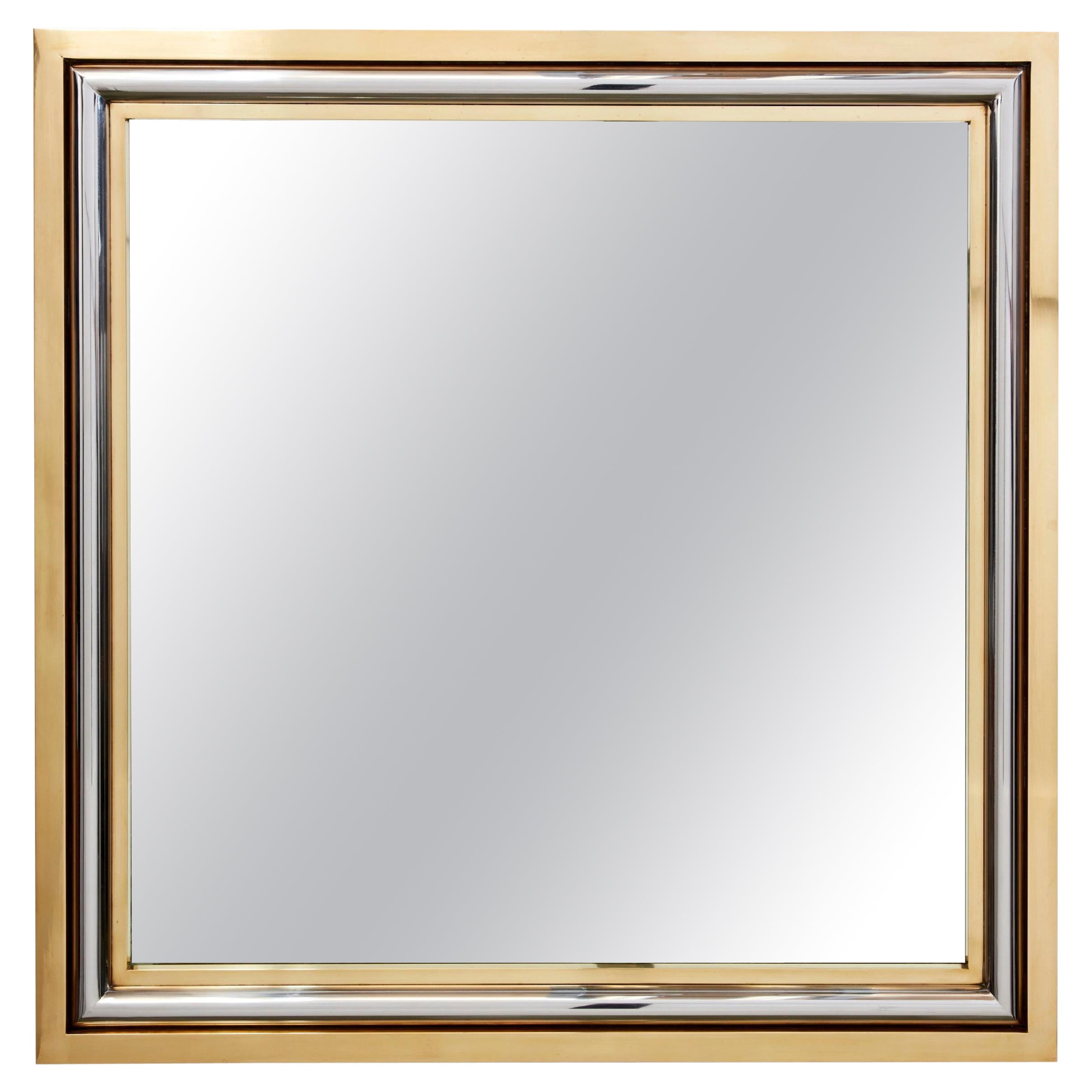 Romeo Rega for Metalarte Large Brass Chrome Square Mirror, 1970s