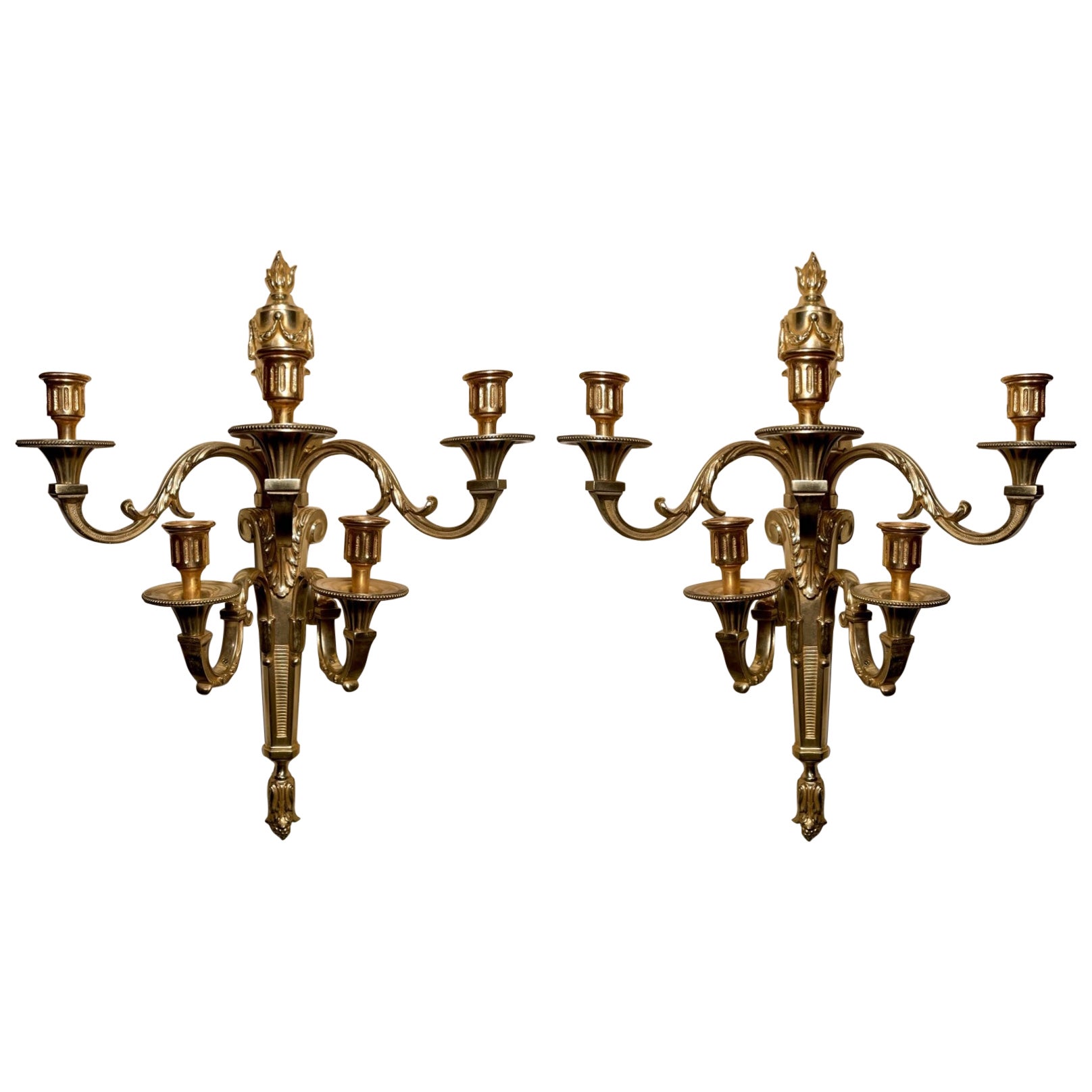 Pair Antique French Louis XVI Gold Bronze 5-Light Wall Sconces, Circa 1920 For Sale