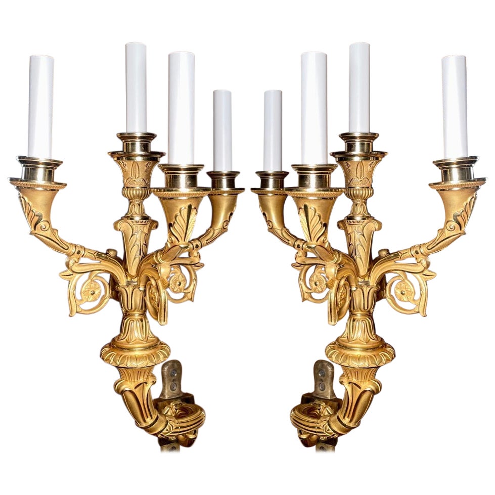 Pair Antique French Charles X Bronze D' Ore 4 Light Sconces, Circa 1890. For Sale