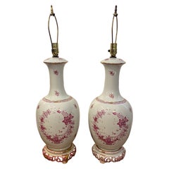 Retro Pair of Pink Floral White Porcelain Lamps by Herrand