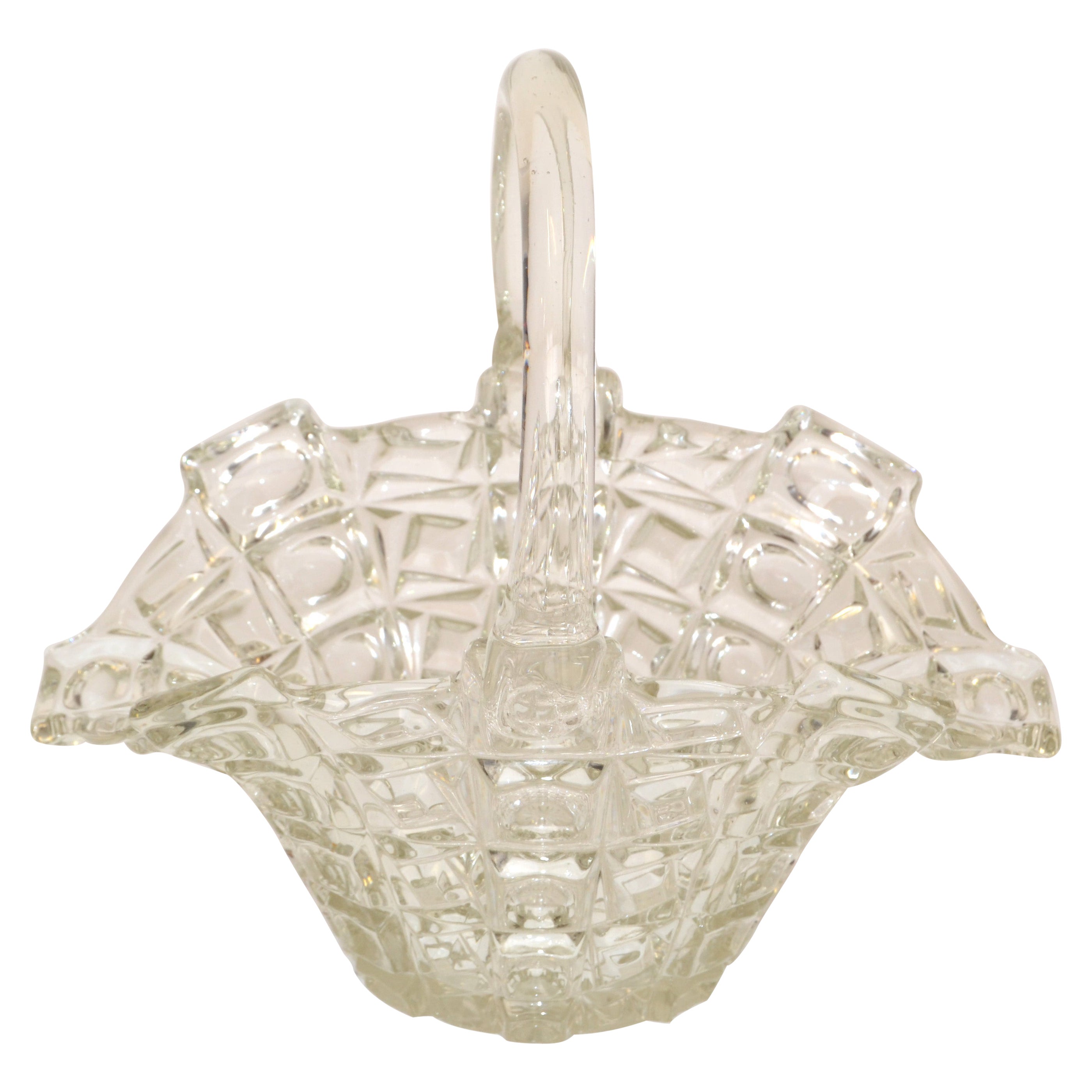 Vintage 1970 Decorative Clear Crystal Glass Bride Basket with Handle Centerpiece For Sale