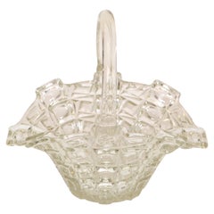 Retro 1970 Decorative Clear Crystal Glass Bride Basket with Handle Centerpiece