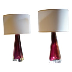 Ruby Red Frosted Triangular Orrefors Lamps, Sweden 1950