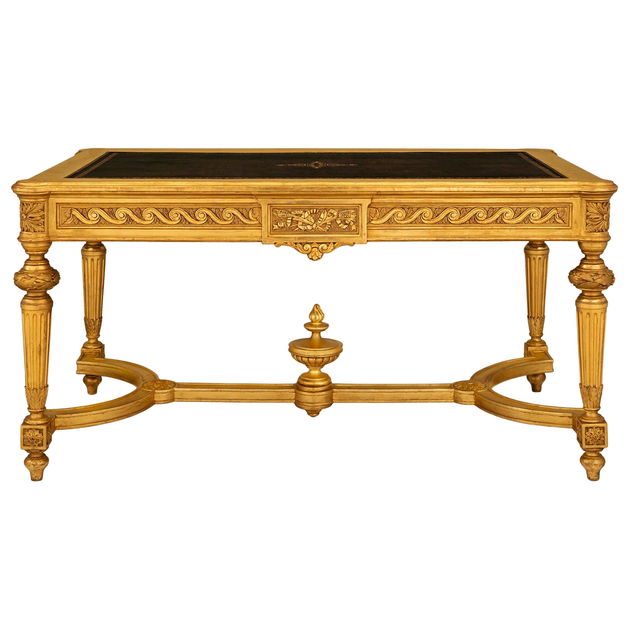 French 19th Century Louis XVI St. Giltwood, Fruitwood And Leather Center Table For Sale
