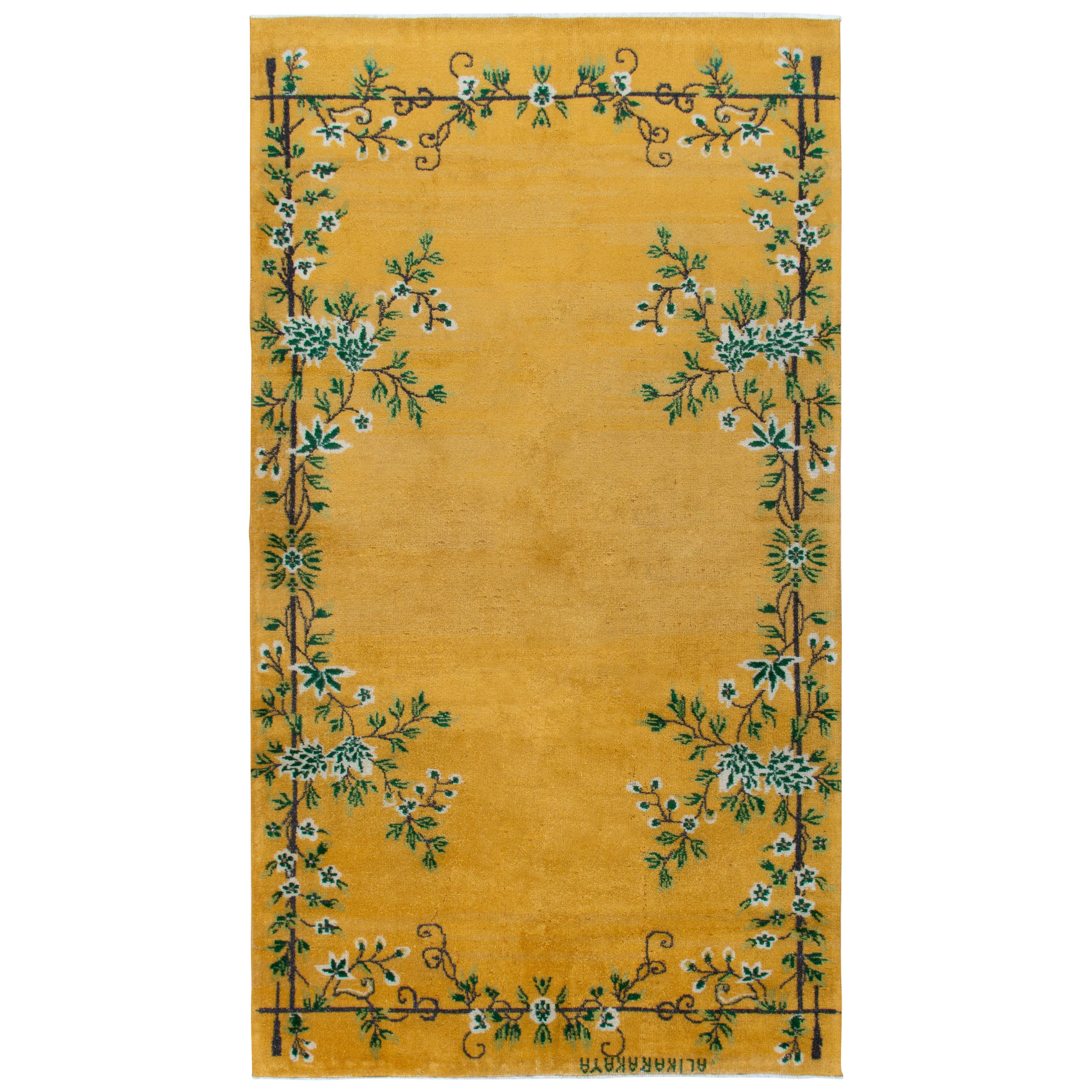 Vintage Signature Art Deco Rug in Gold with Green Floral Patterns by Rug & Kilim For Sale