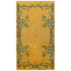 Retro Signature Art Deco Rug in Gold with Green Floral Patterns by Rug & Kilim
