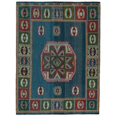 Vintage Tribal Kilim in Blue with Green Medallion Pattern by Rug & Kilim