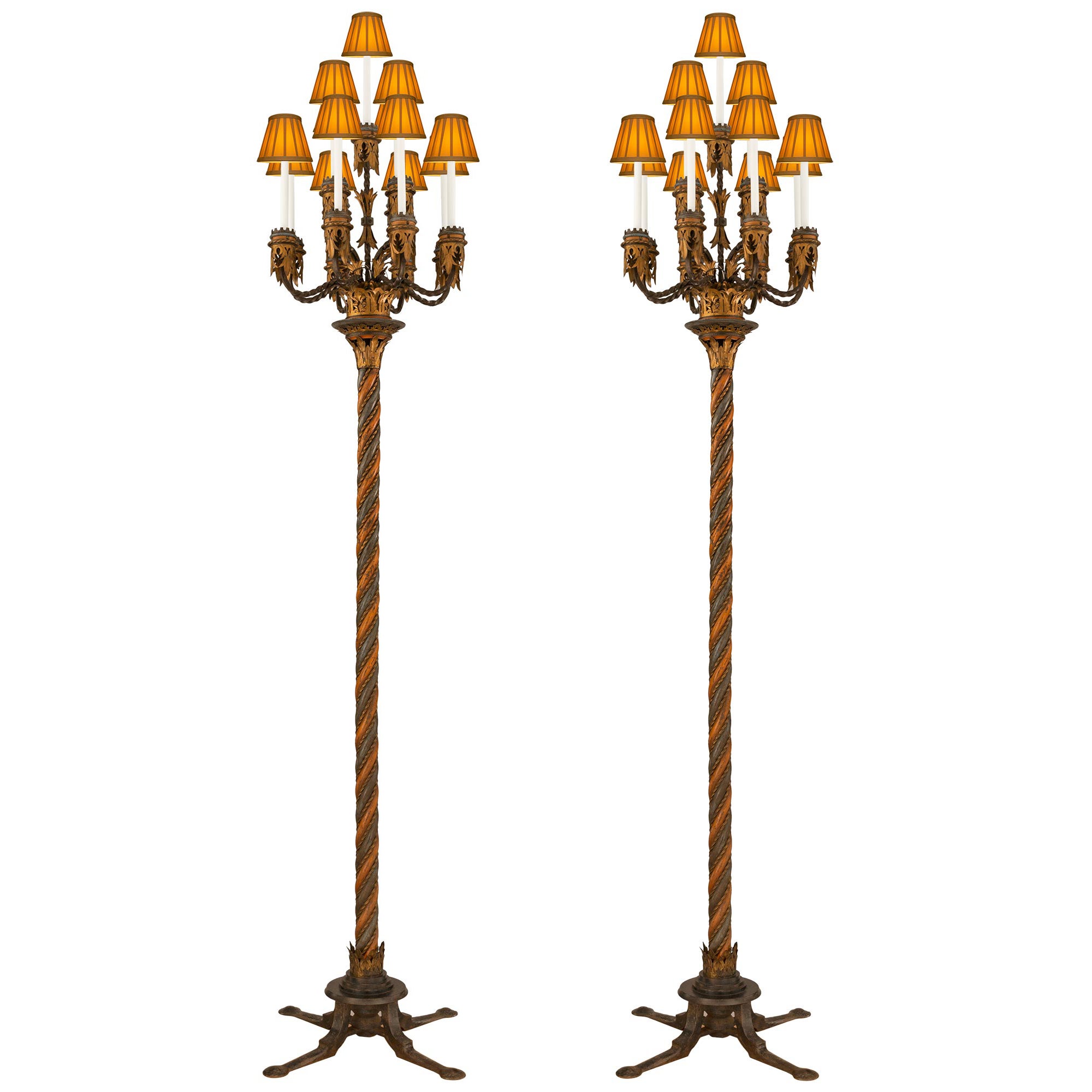 True pair of Italian 19th Century Baroque St. Wrought Iron Floor Lamps