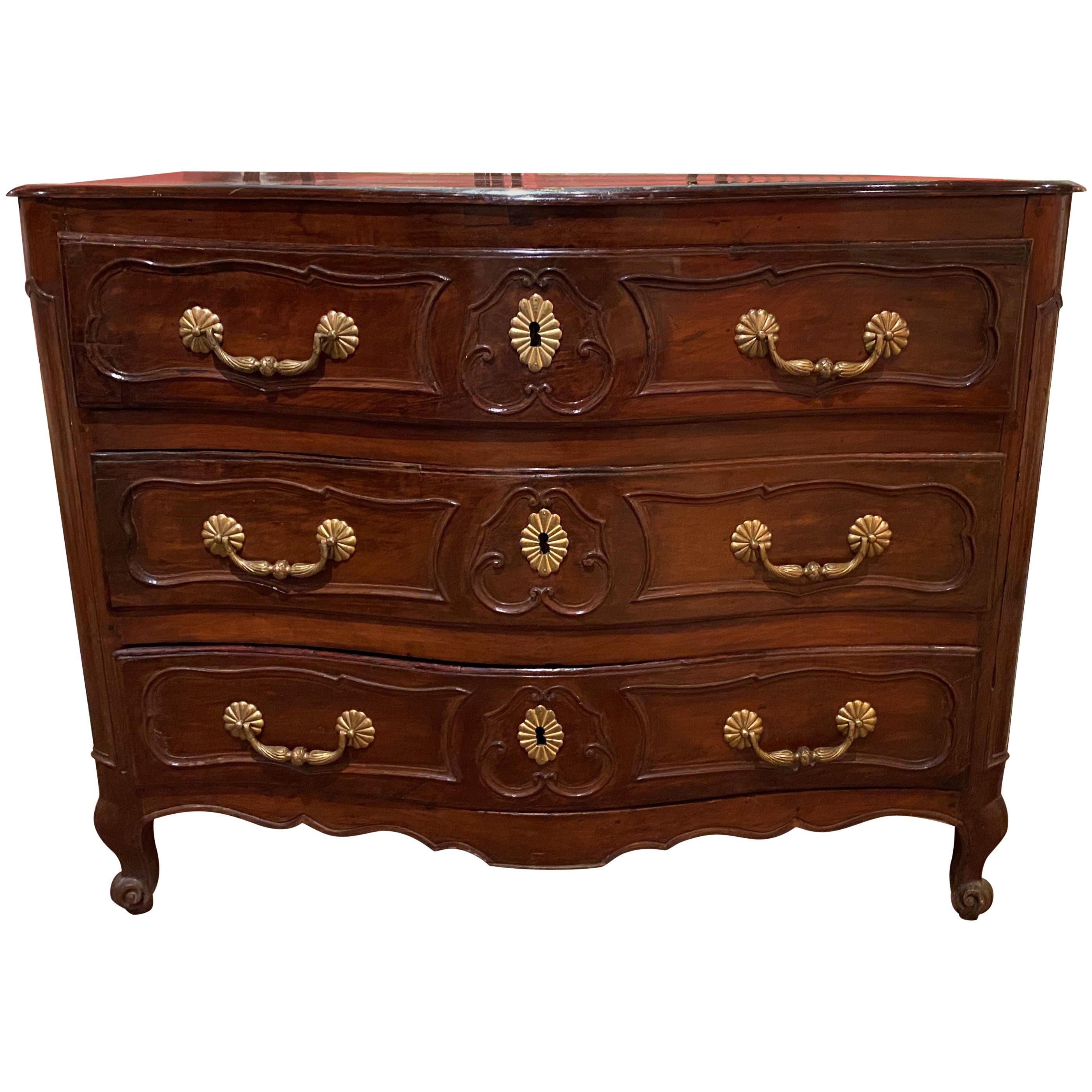 18th Century French Serpentine Three Drawer Commode with Gilt Brass Pulls 