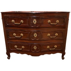 18th Century French Serpentine Three Drawer Commode with Gilt Brass Pulls 