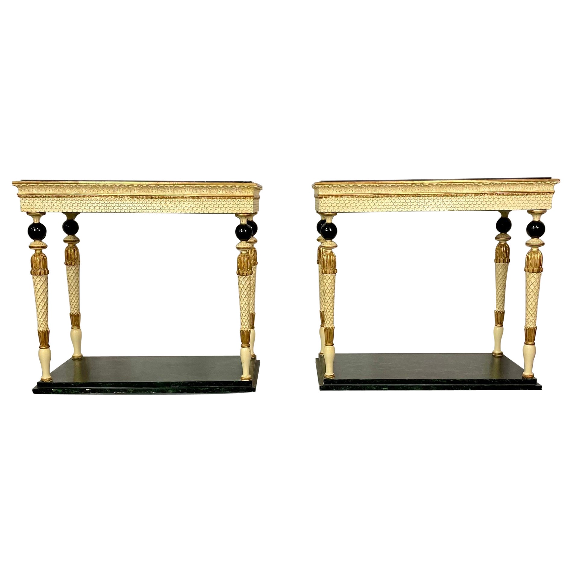 Maison Jansen, Neoclassical, Console Tables, Marble Top, Paint Decorated, 1960s For Sale