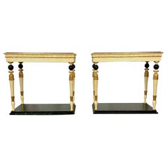 Pair of Maison Jansen Console Tables, Neoclassical, Marble Top, Paint Decorated