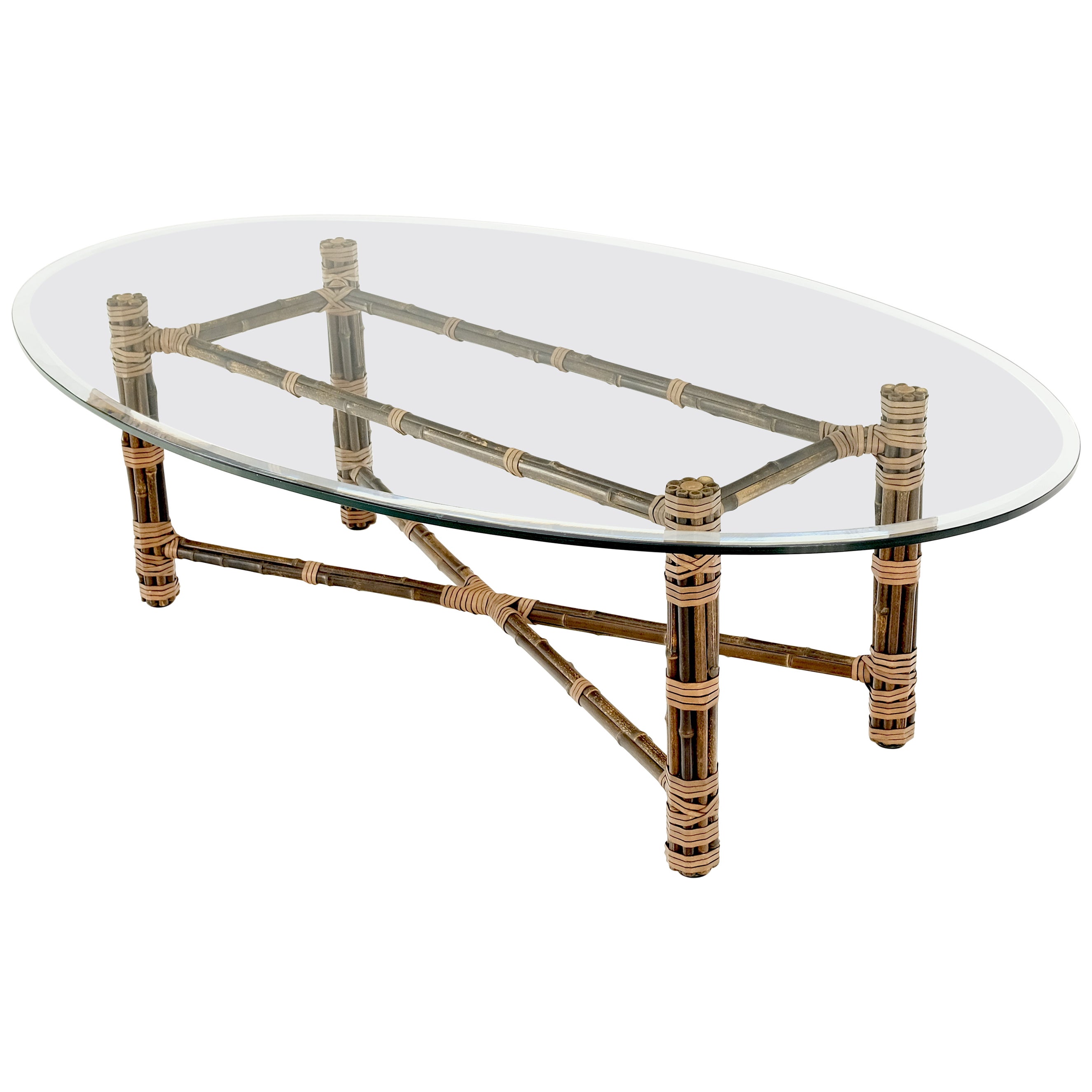 McGuire Oval Glass Top Bamboo & Leather Coffee Table MINT! For Sale