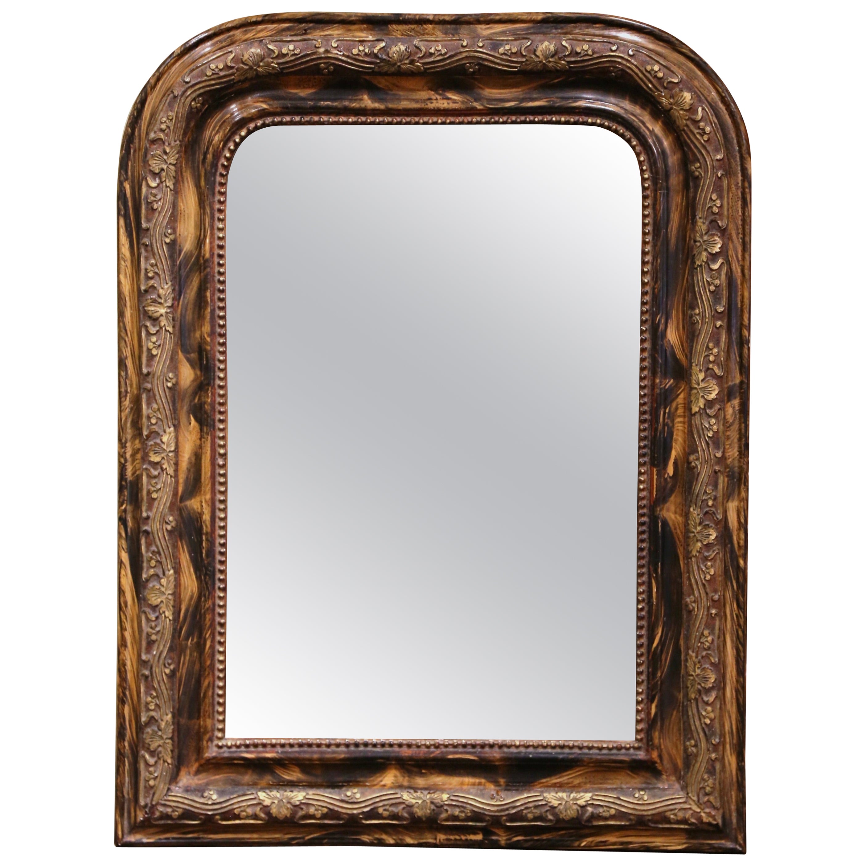 19th Century Louis Philippe Faux Burl Wood and Gilt Wall Mirror with Vine Decor For Sale