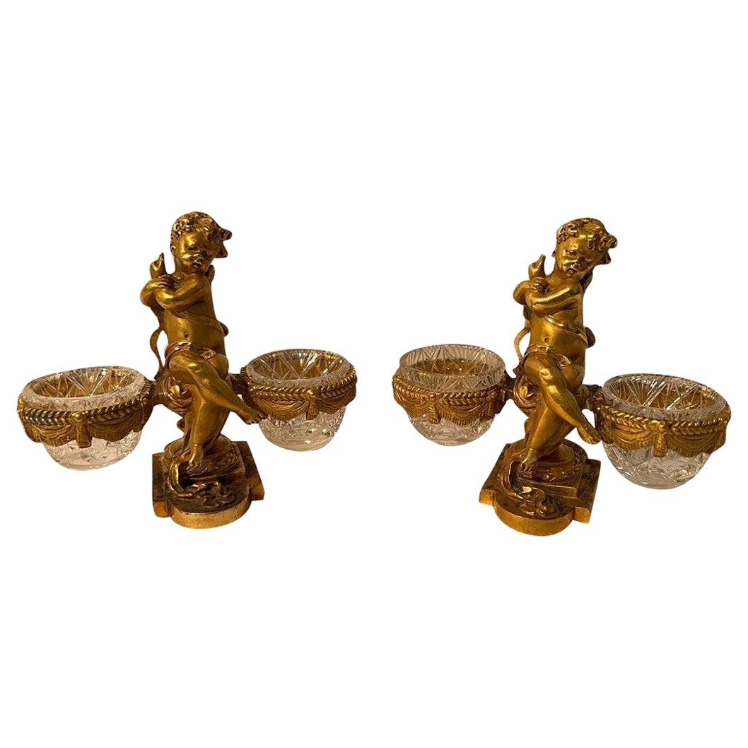 19th Century Baccarat Gilt Bronze & Crystal Double Salt Cellars, a Pair For Sale