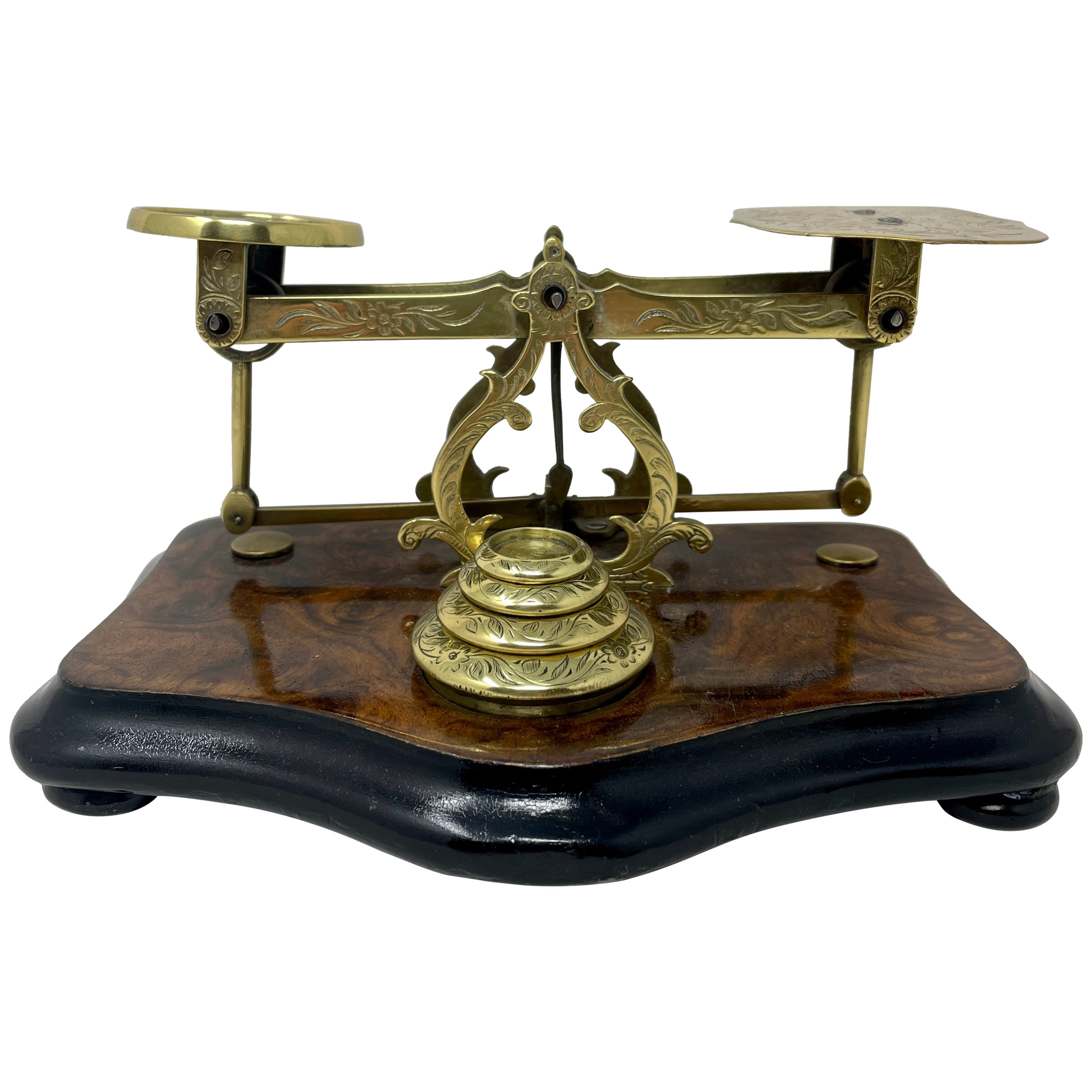 Antique English Walnut and Brass Engraved Postal Scale, Circa 1860