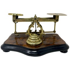 Antique English Walnut and Brass Engraved Postal Scale, Circa 1860