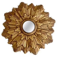 Miroir mural convexe en bois doré French Soleil Sunburst