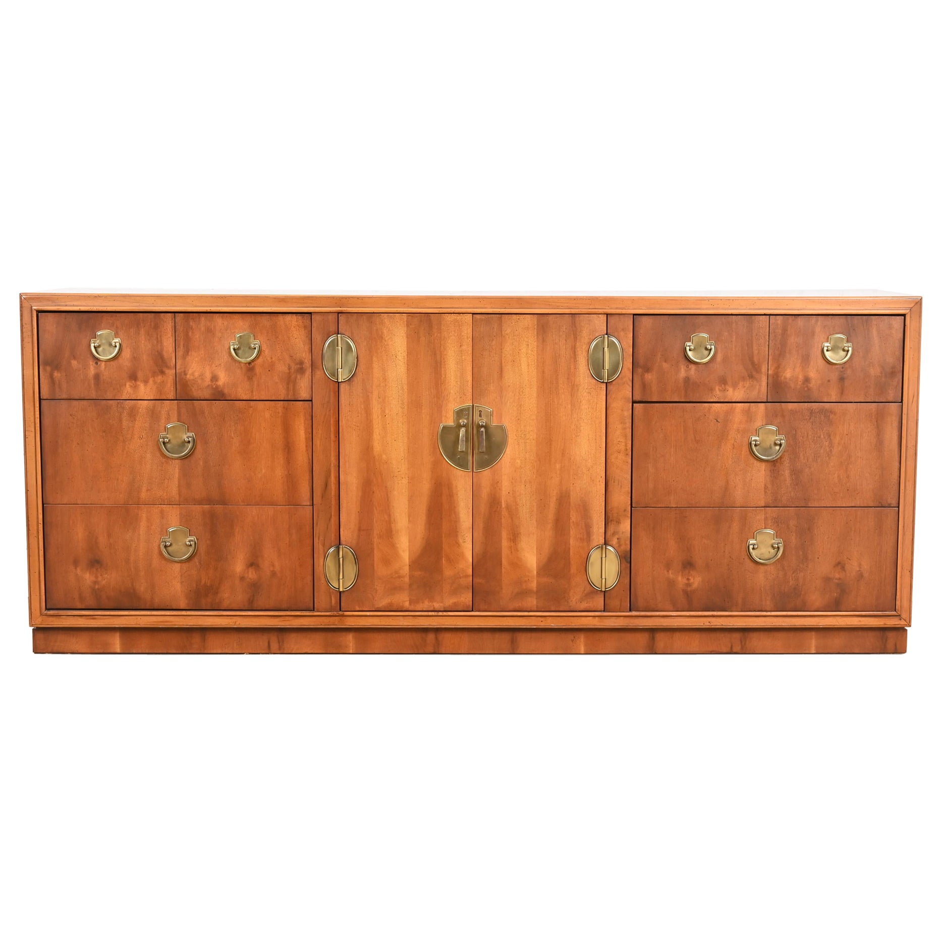 Lane Furniture Hollywood Regency Campaign Yew Wood Long Dresser or Credenza For Sale