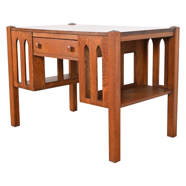 Antique Stickley Style Mission Oak Arts and Crafts Desk with BuiltIn