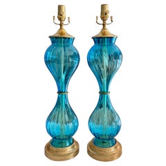 Pair Murano Italian Blue Hourglass Table Lamps