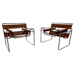 Pair of Wassily Lounge Chairs In Chocolate Leather by Marcel Breuer For Knoll