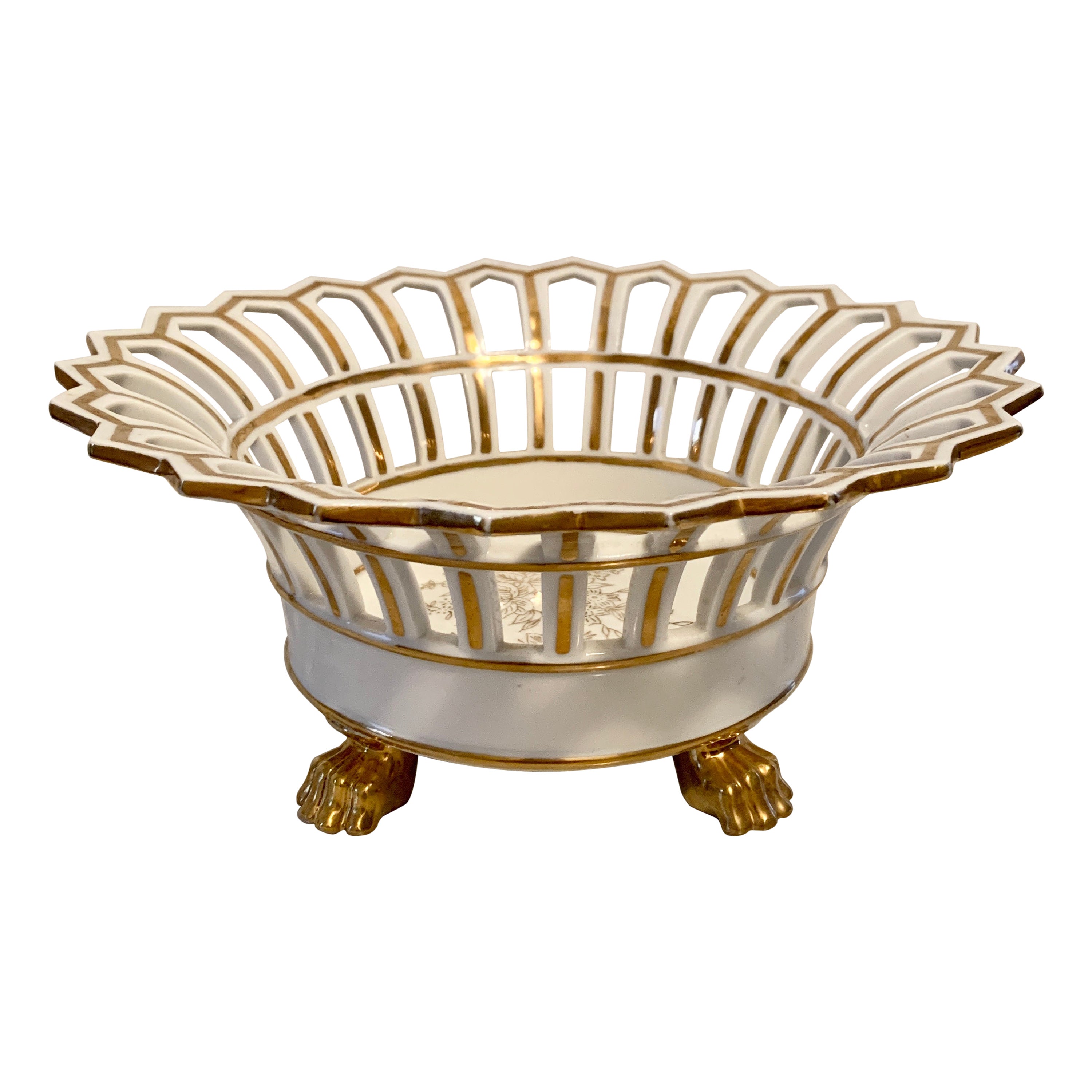 Reticulated Gold Gilt Porcelain Lion Paw Footed Basket For Sale