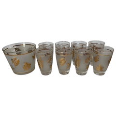 Vintage Golden Foliage Leaf Highball Glasses Set of 8 and Ice Bucket by Libby Glass