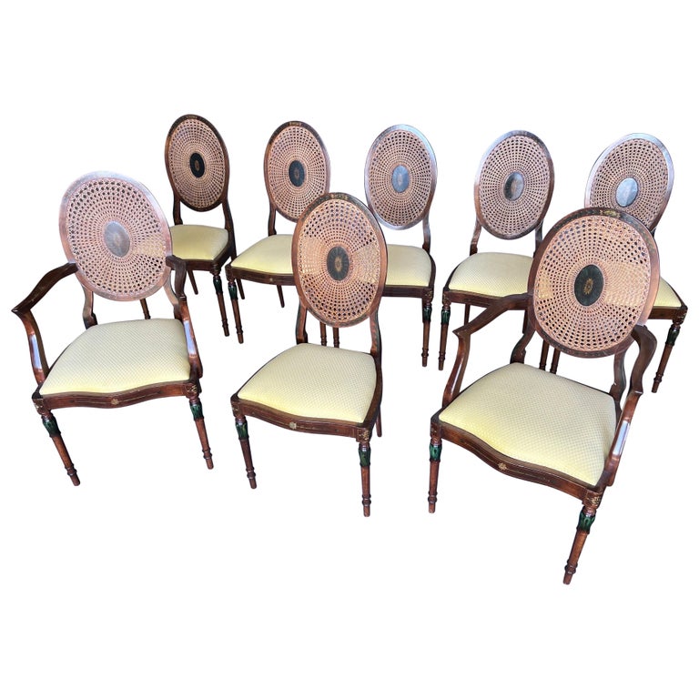 Set of 8 Adams Style Painted Satinwood Cane Back Dining Room Chairs For Sale at 1stDibs