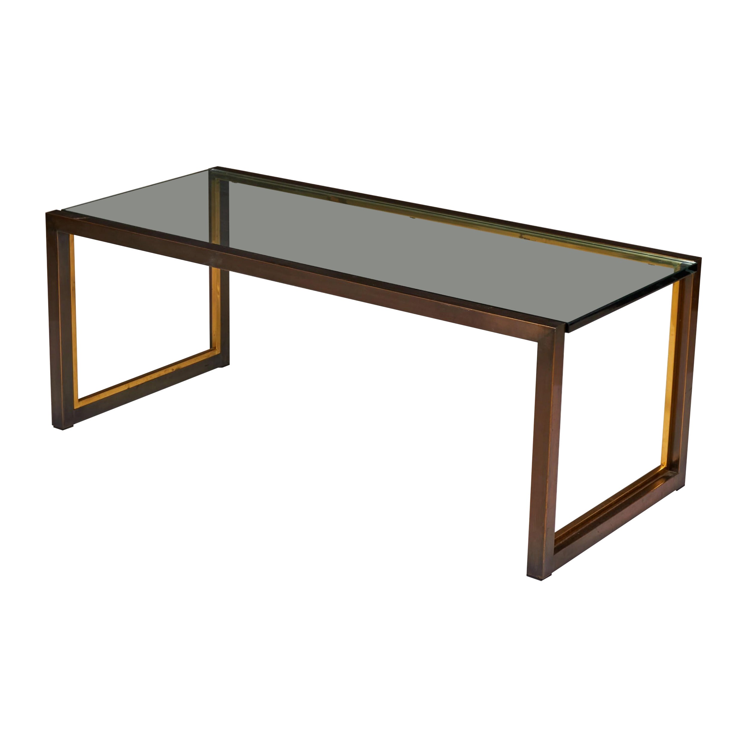 Copper, Brass, and Smoked Glass Coffee / Cocktail Table For Sale
