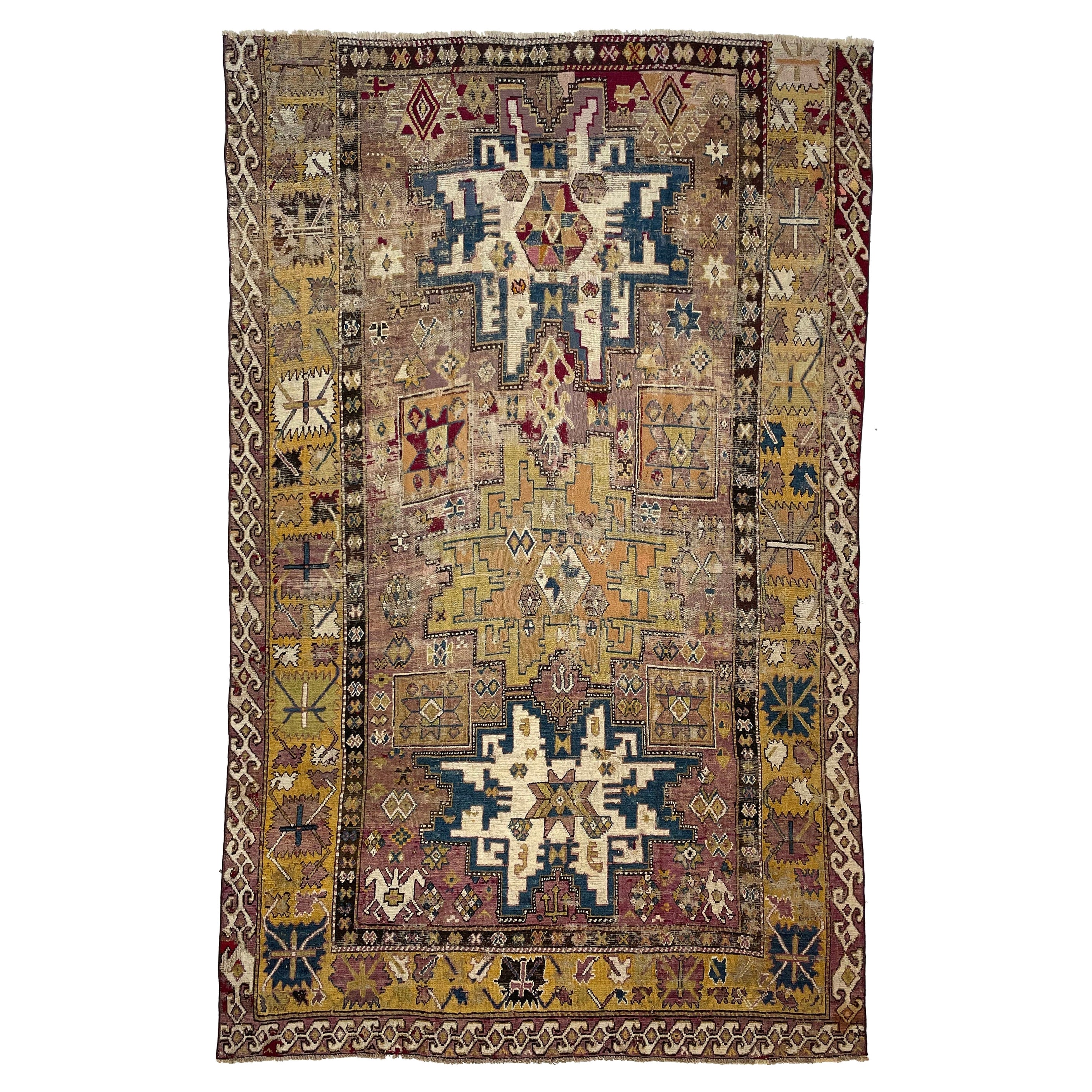 Antique Textile Rug with Lavender, Sunflower Yellows, & Blues, c. 1900 For Sale