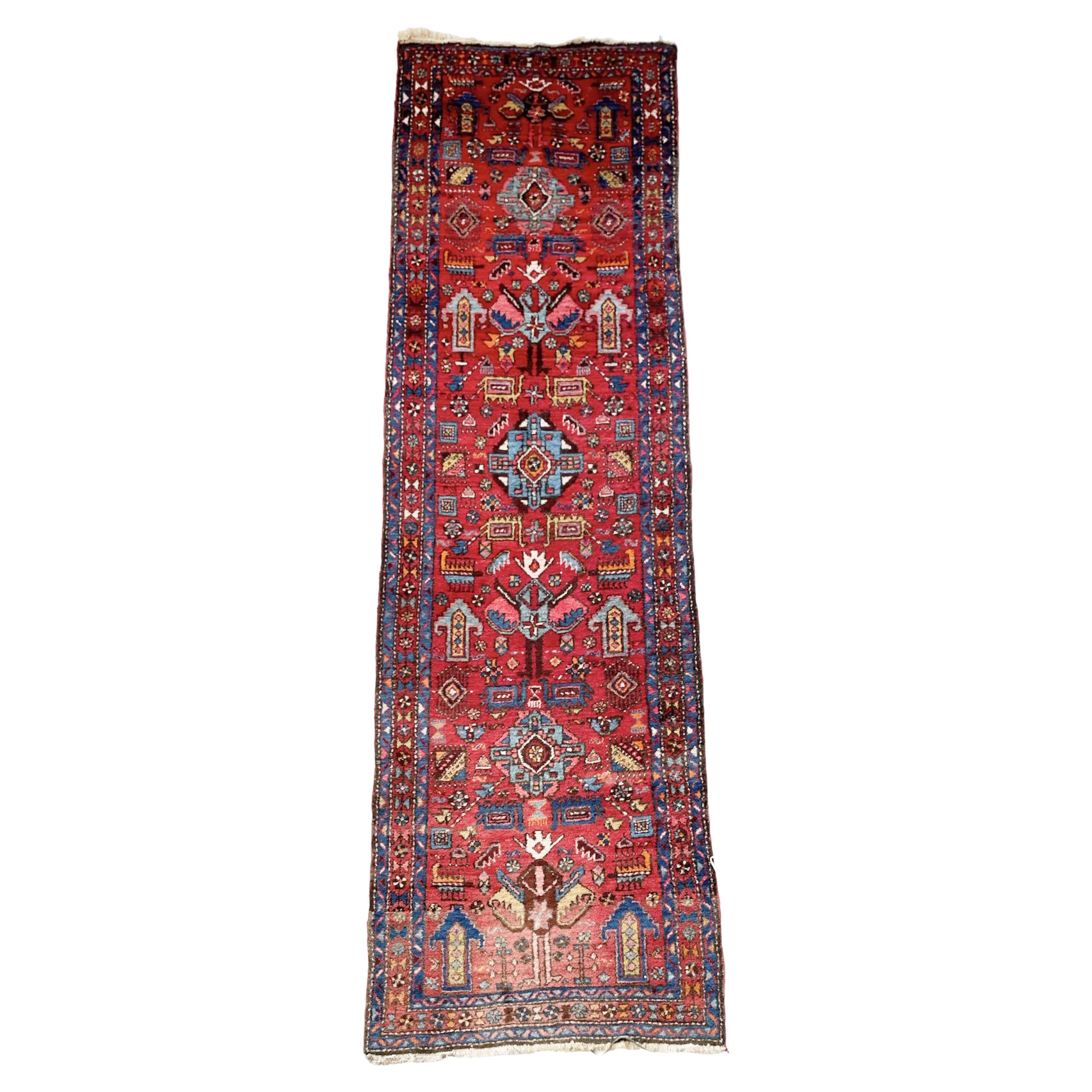 Vintage Tribal Runner with Nomadic Motifs & Gorgeous Colors, c.1950's