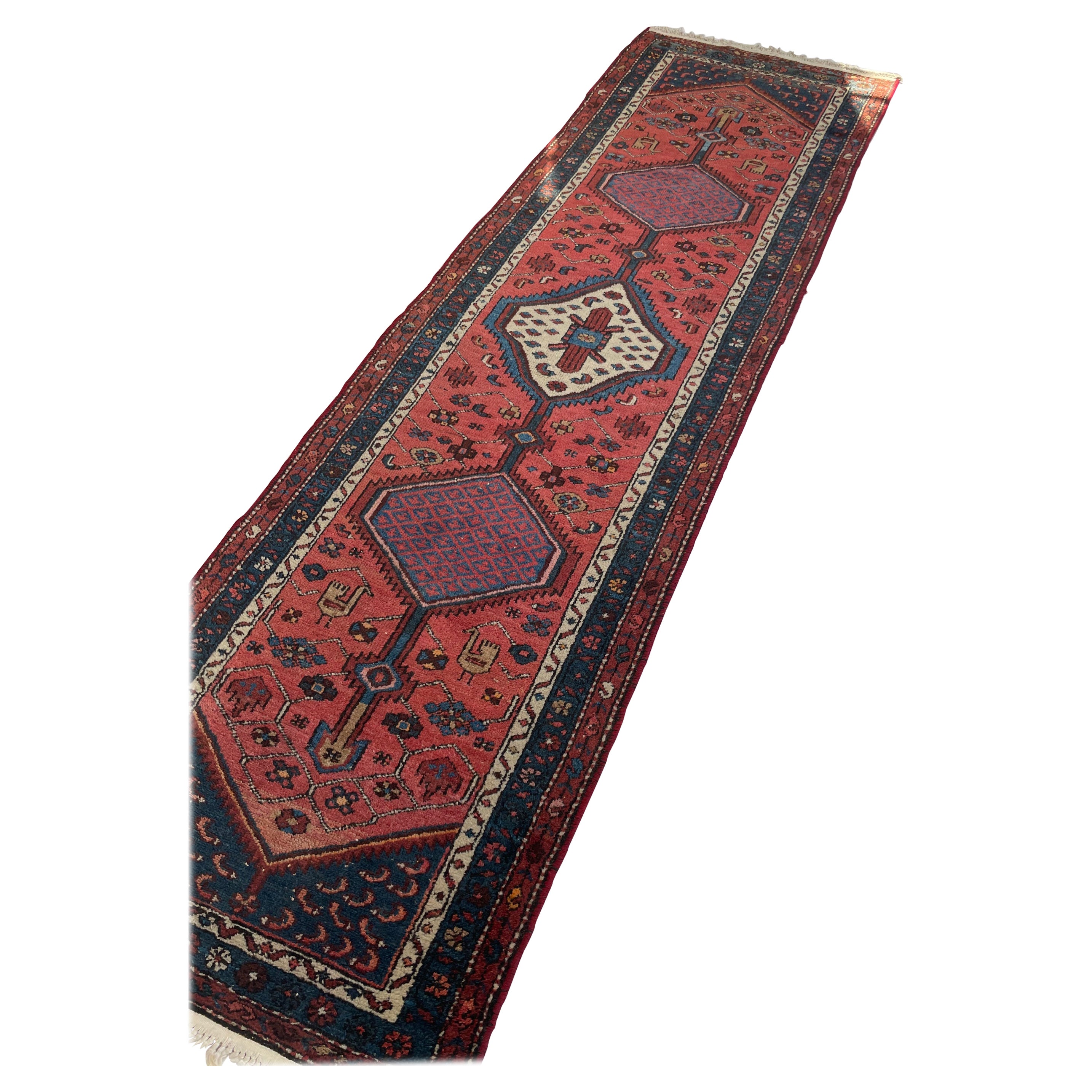 Antique Tribal Runner with Watermelon & Midnight Blue Colors, circa 1930's For Sale