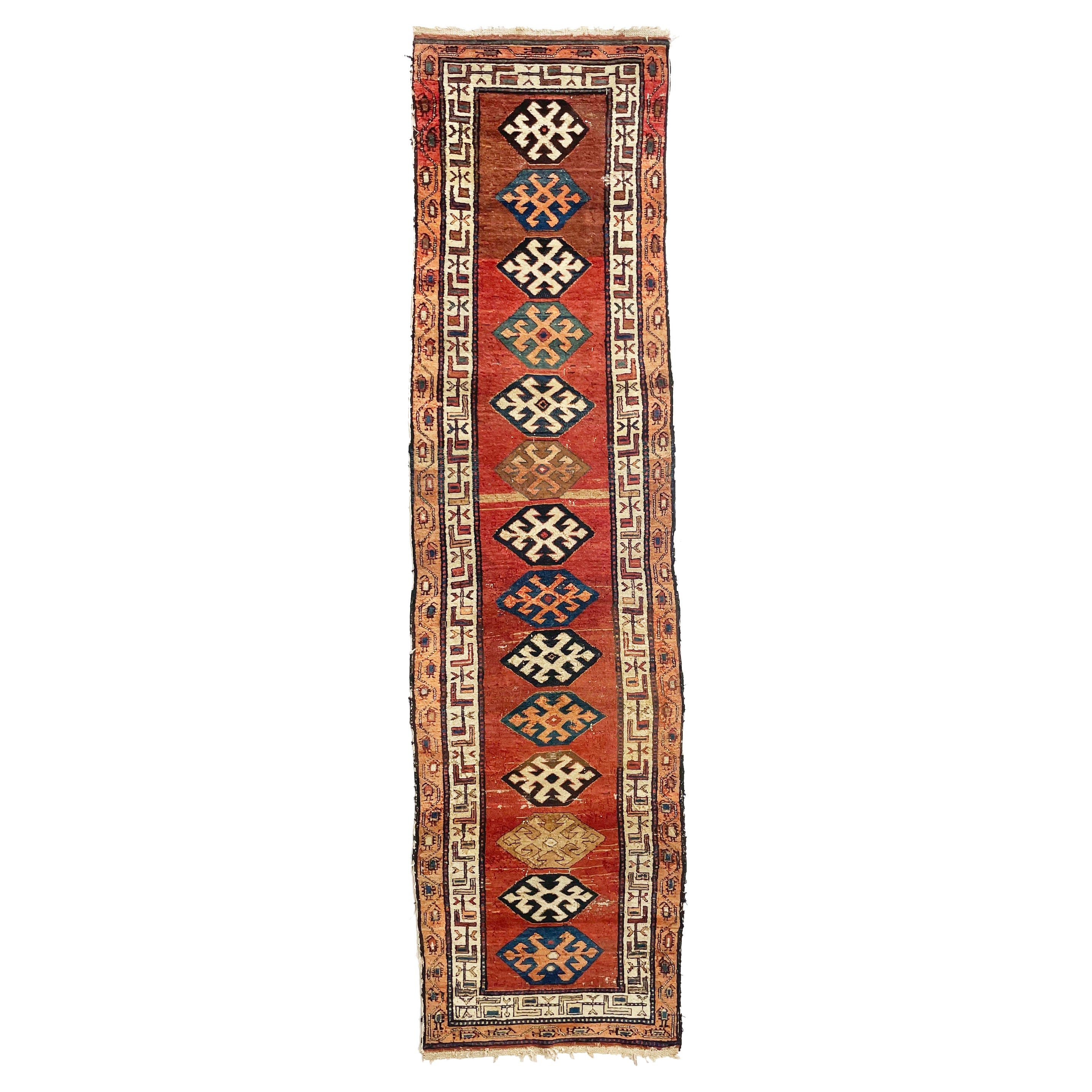 Antique Kurdish-Kazak Geometric Motifs Runner, circa 1920's