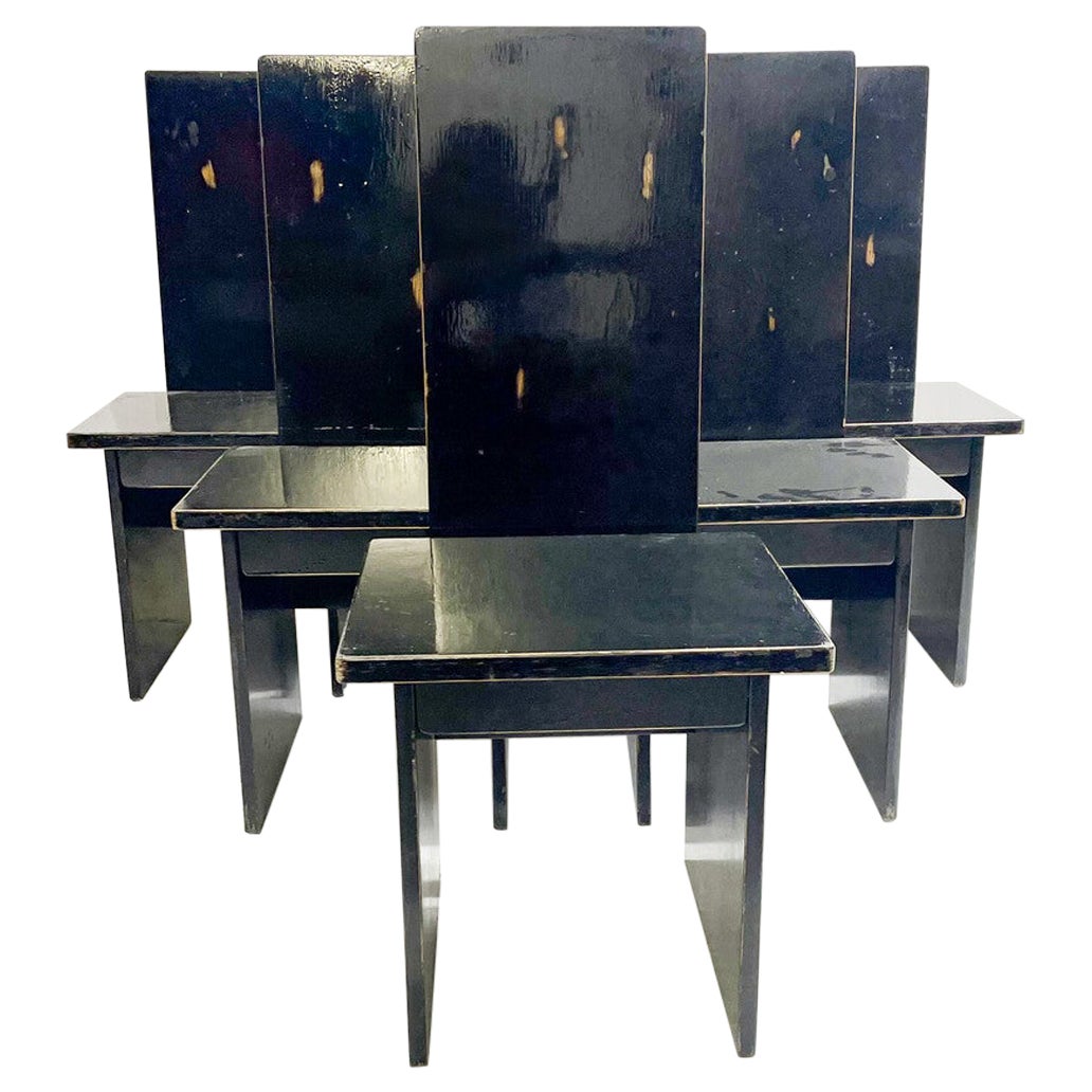 Set of 6 Constructivist Black Wooden Dining Chairs, Hungary, 1930s