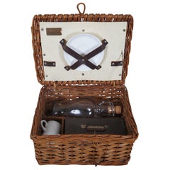 Antique English 7pc Coracle Wicker Travel Picnic Basket Box Hamper