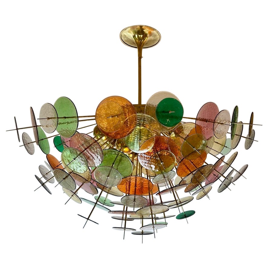 Late 20th Century Multicolored Murano Glass Disks & Brass Sputnik Chandelier For Sale