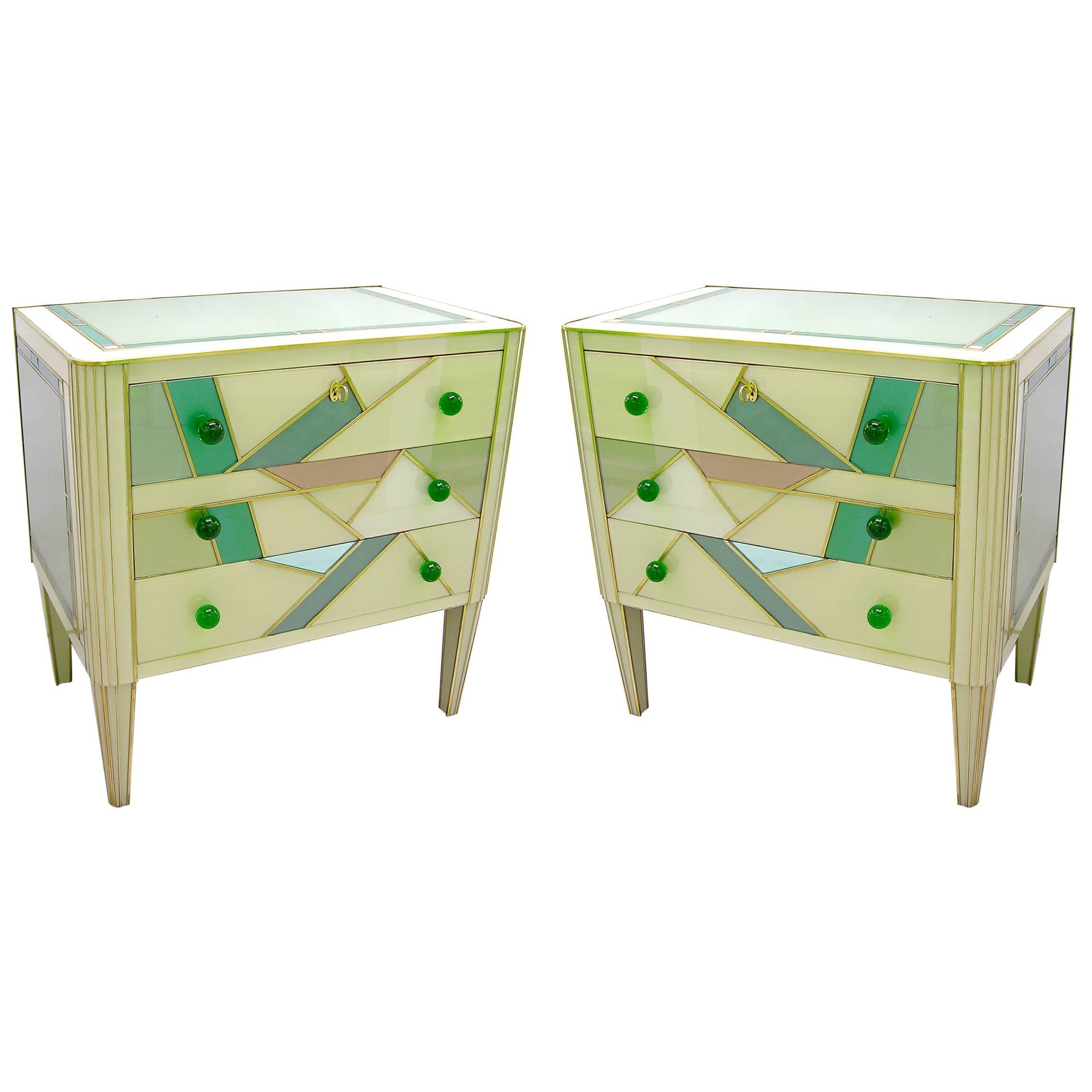 Italian Design Pair of Glass Abstract Decor Chests