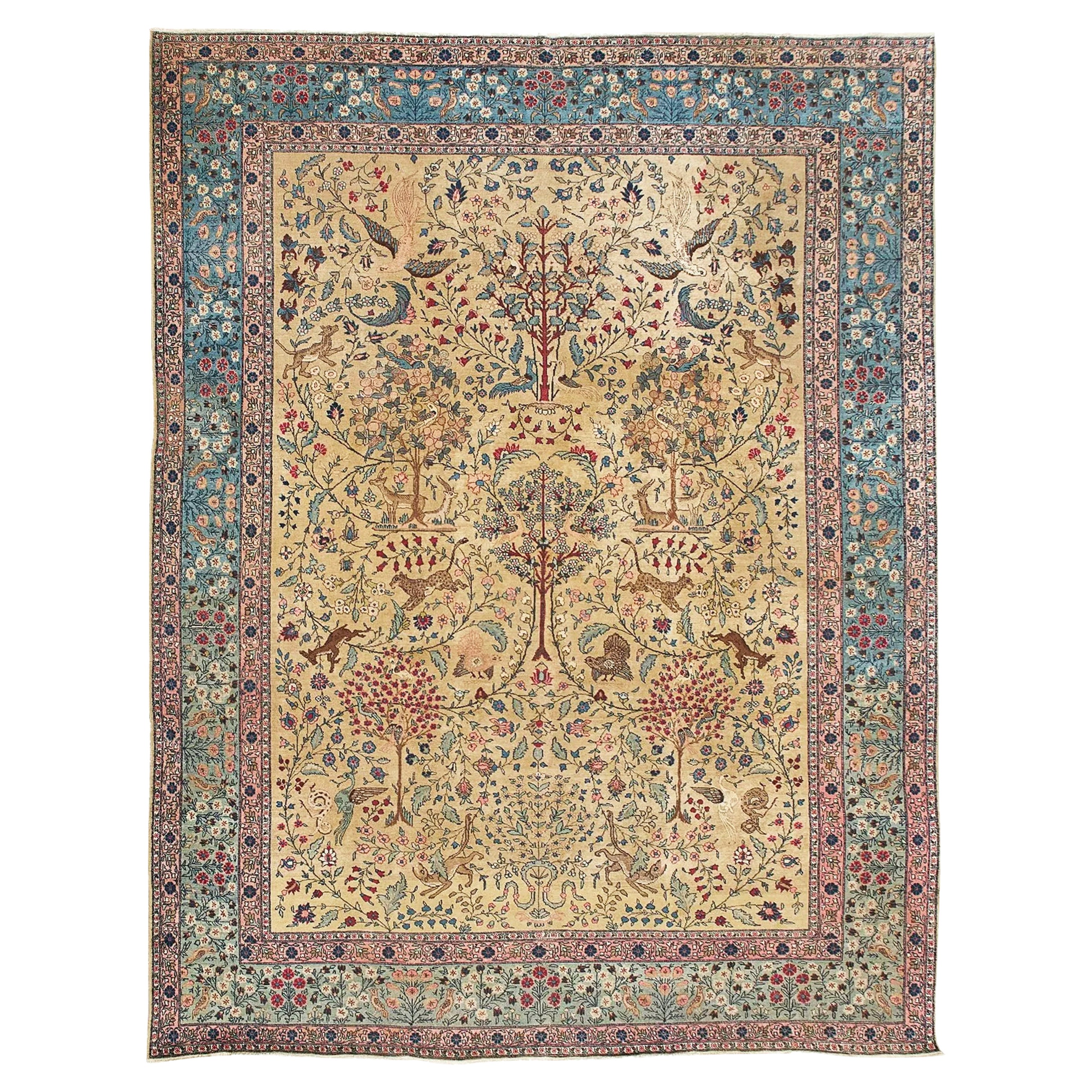 Paradise Tree of Life Tabriz Rug with Phoenix & Leopards, circa 1920's For Sale