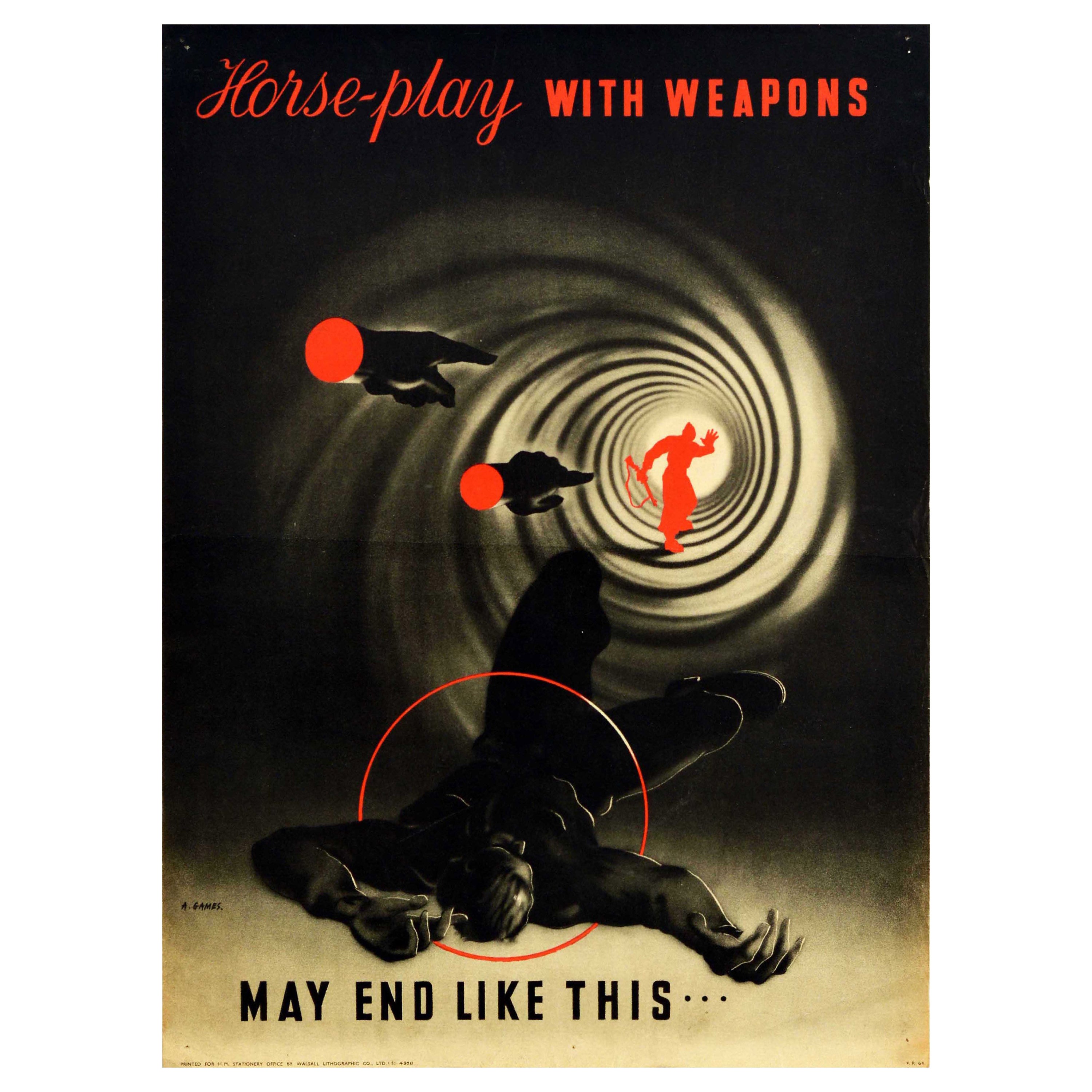 Original Vintage-Sicherheitsplakat aus dem Zweiten Weltkrieg, Pferdespiel mit Waffen, WWII-Spiele im Angebot