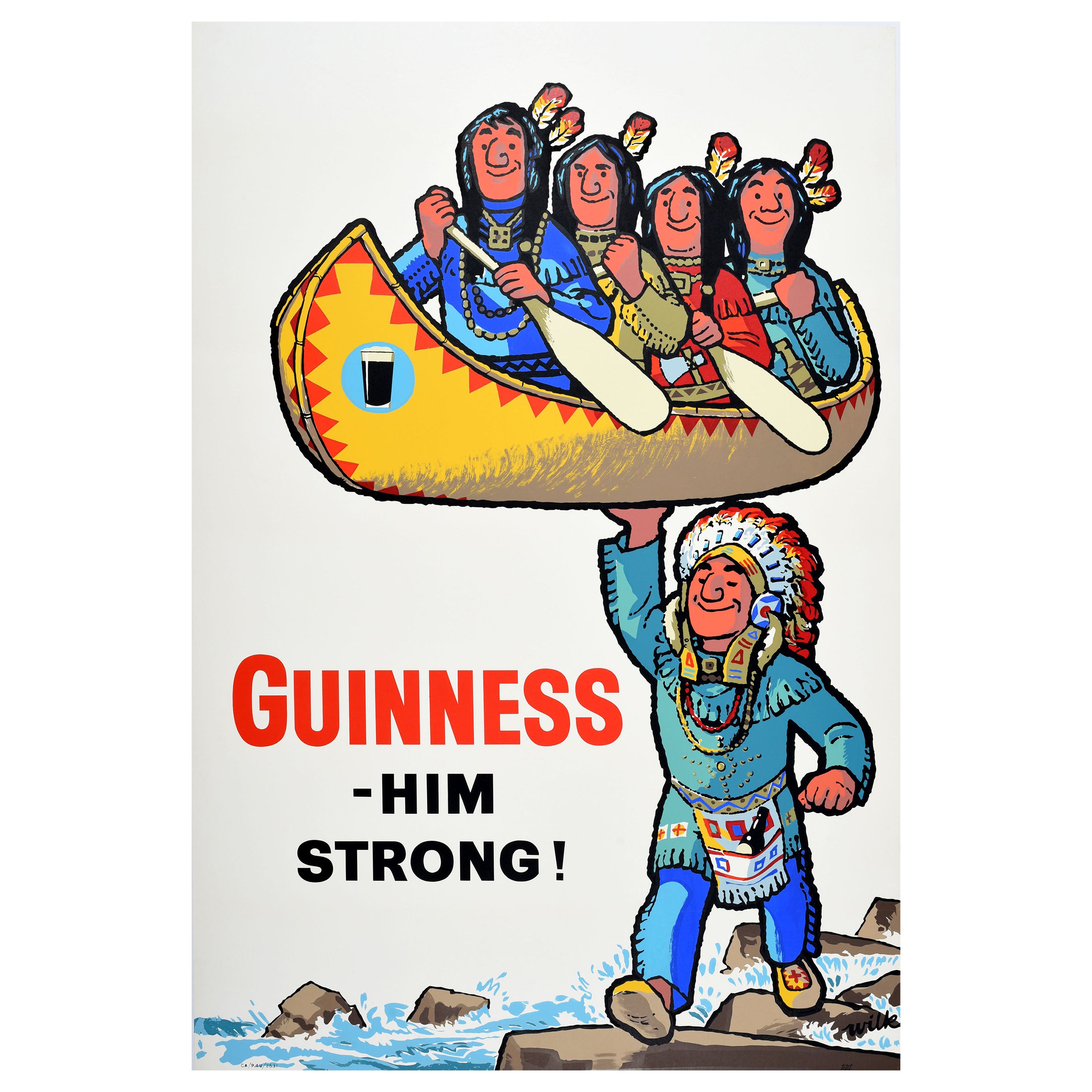 Affiche publicitaire originale vintage Guinness Him Strong, Canoë amérindien