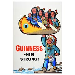 Original Vintage Advertising Poster Guinness Him Strong Native American Canoe