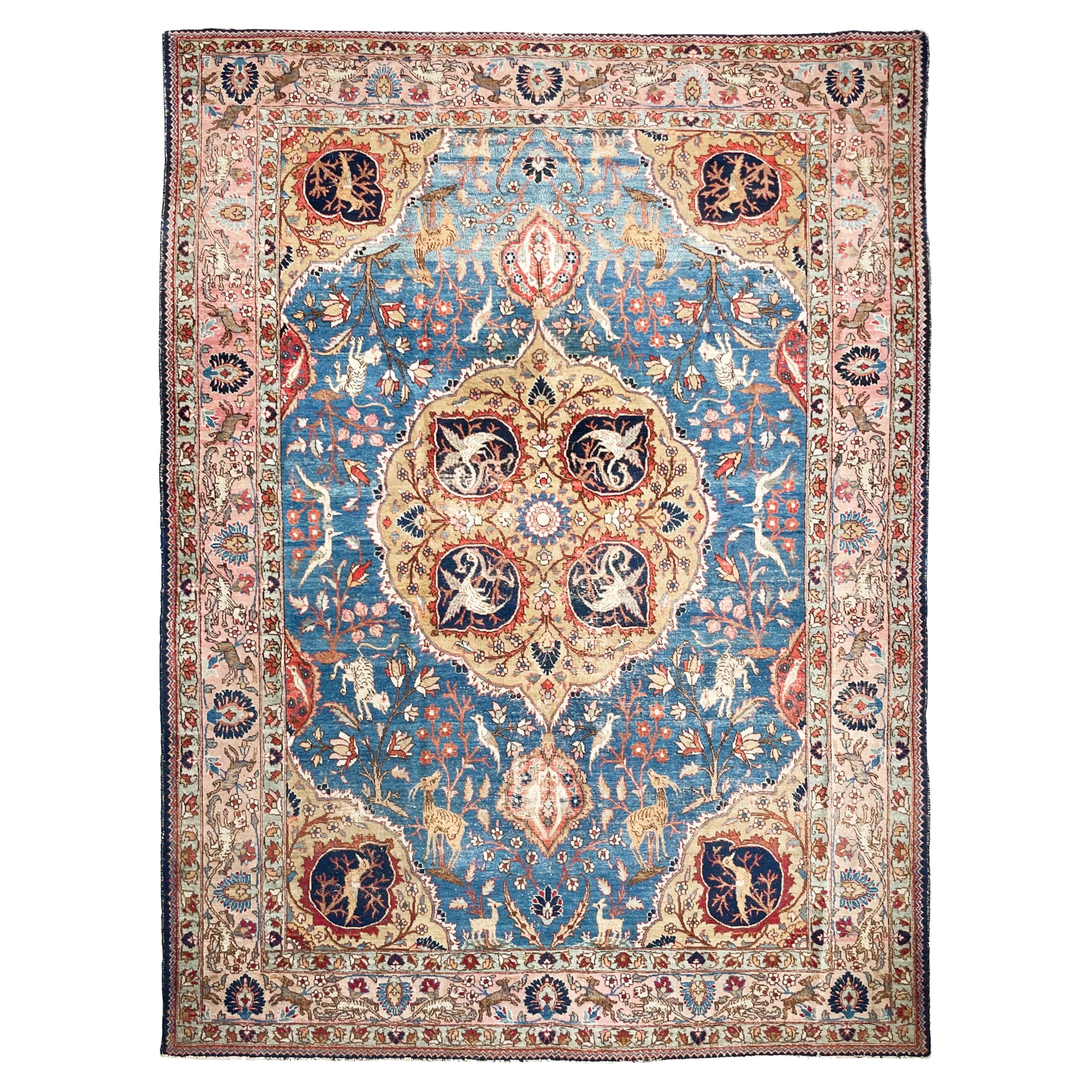 Paradise Tabriz Rug with Pink & Blue & More Rug, circa 1920 For Sale