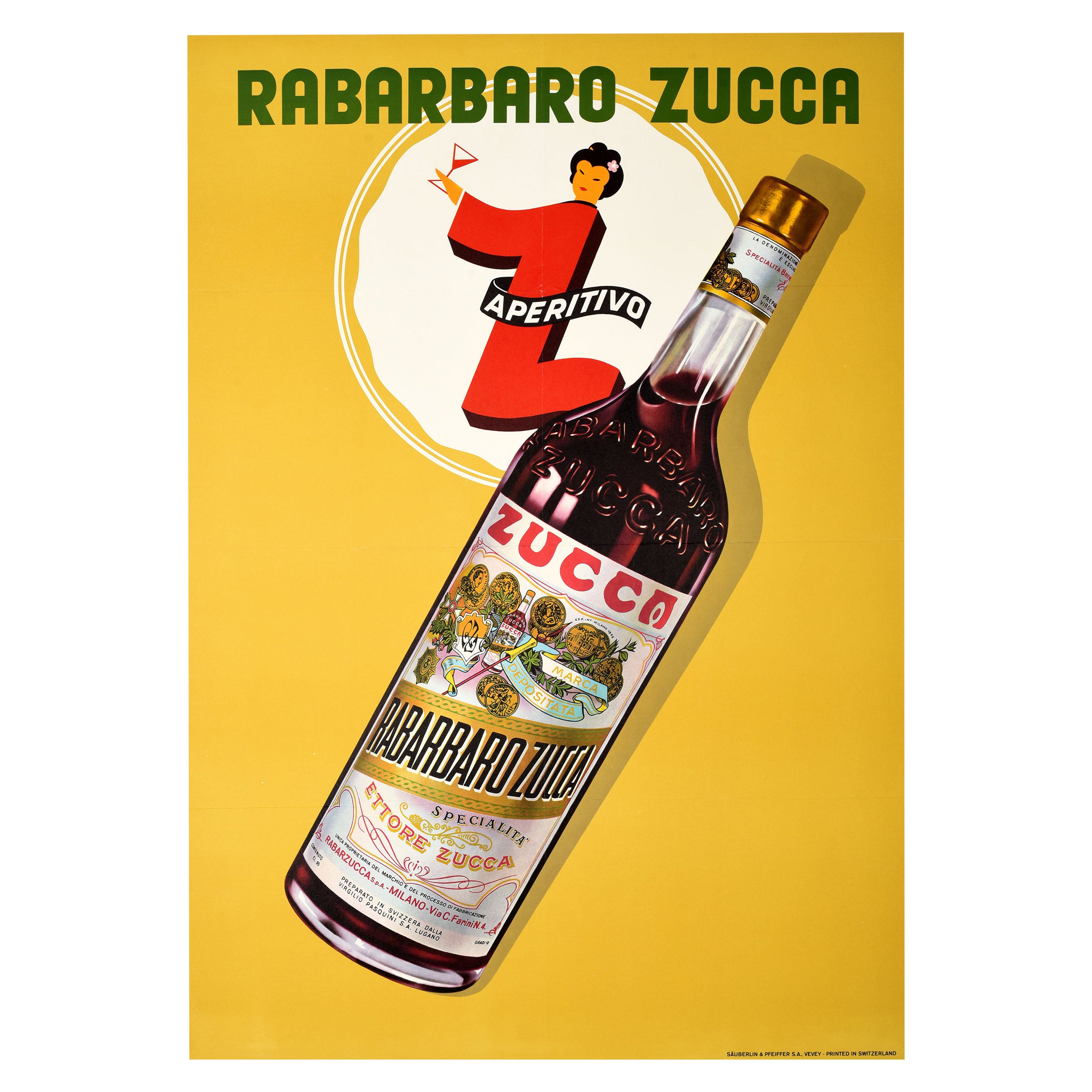Affiche publicitaire originale vintage pour les boissons Rabarbaro Zucca, Dessin suisse