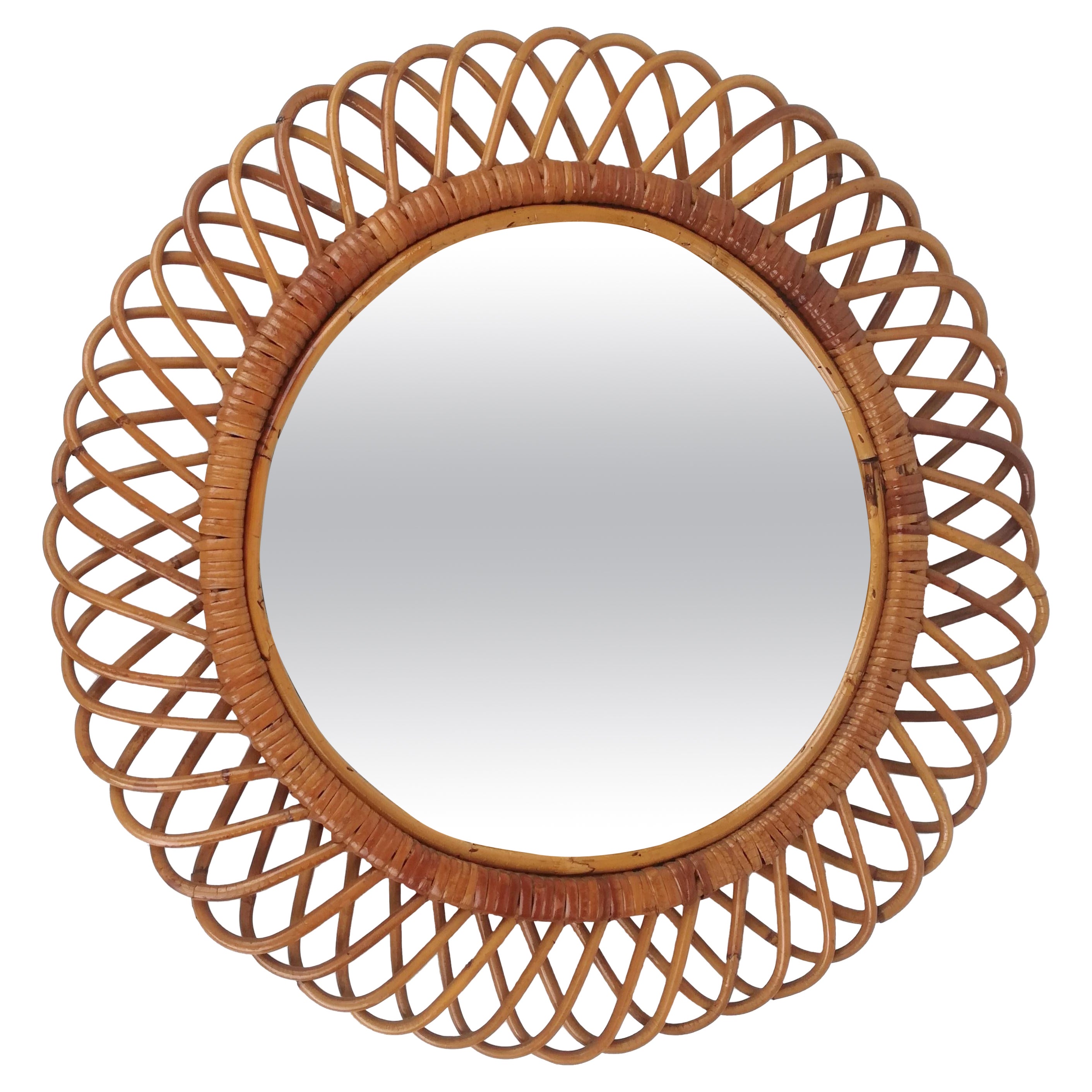 Mid-Century Modern Round Rattan and Bamboo Mirror, Italy, 1960s For Sale